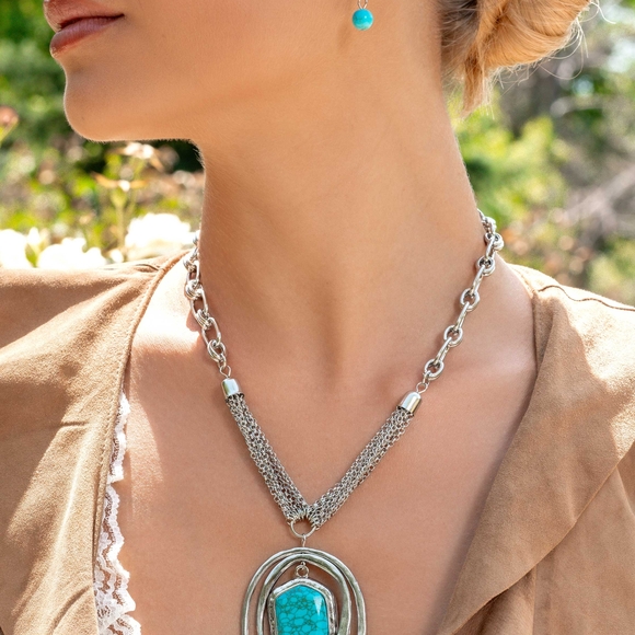 Silver and Turquoise Necklace and Matching Earring Set - Picture 3 of 4
